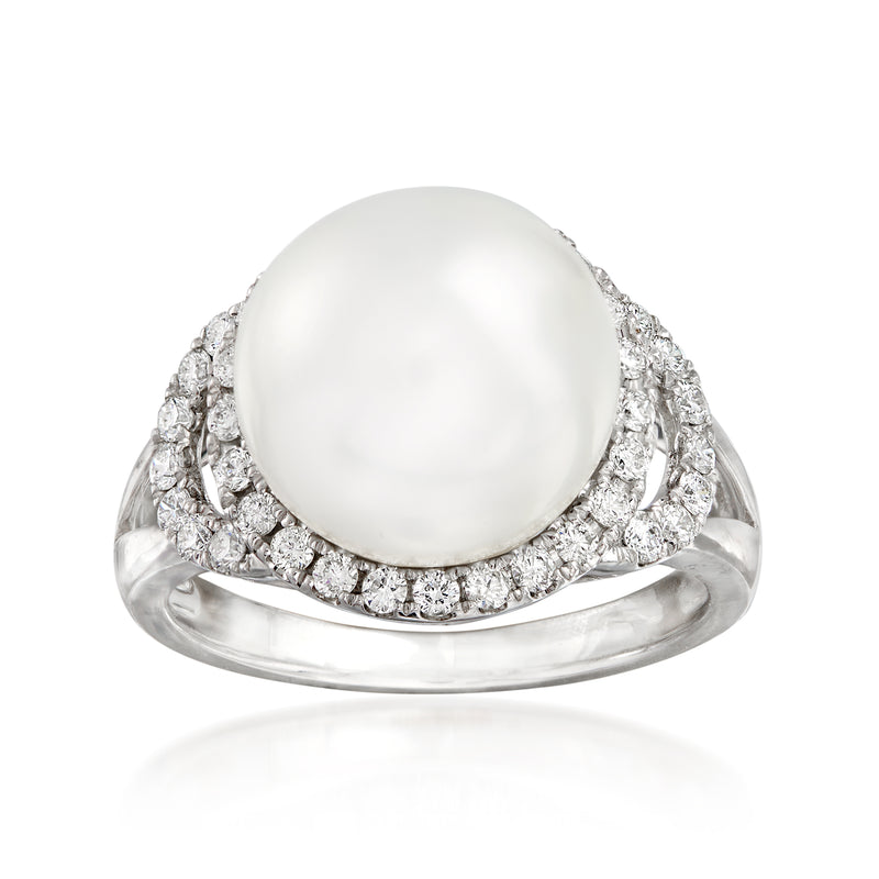 18kt white gold ring with large white South Sea cultured pearl and diamond halo