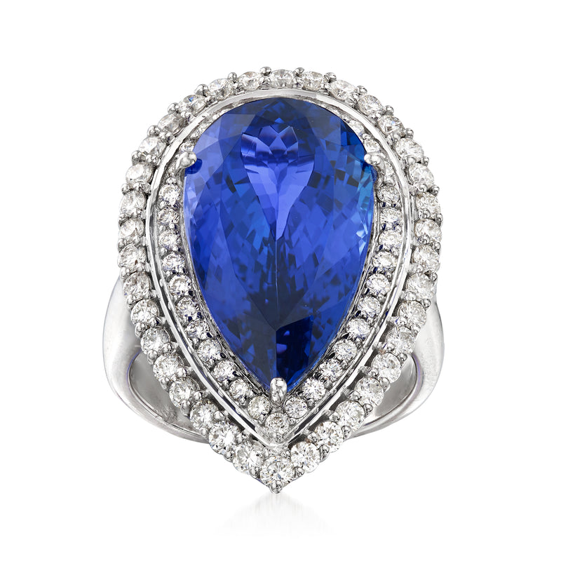 Teardrop blue tanzanite gemstone ring in 18k white gold with diamond halo