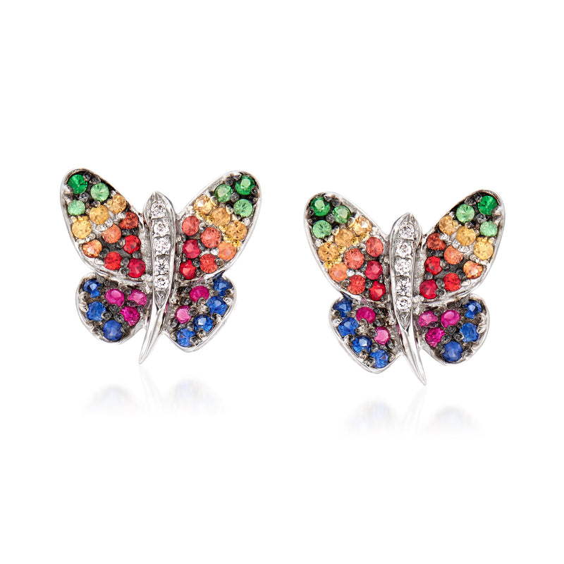 Two-tone gold butterfly stud earrings with multicolored gemstone wings and clear center