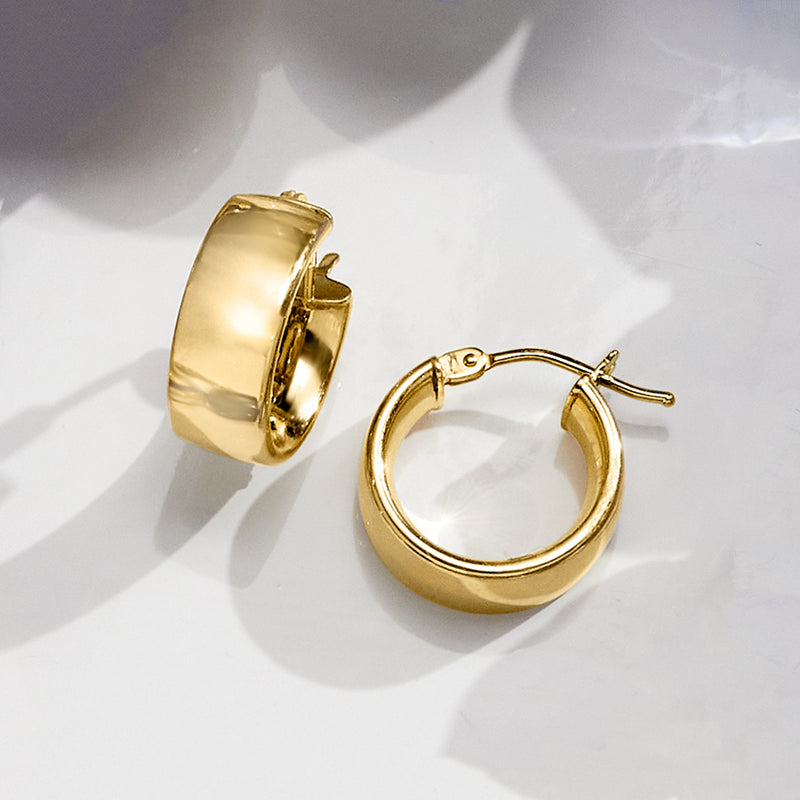 14kt yellow gold huggie hoop earrings, side view with hinged clasp