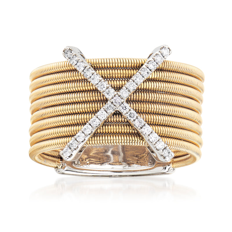 Two-tone 14kt gold diamond X ring with pave-set stones