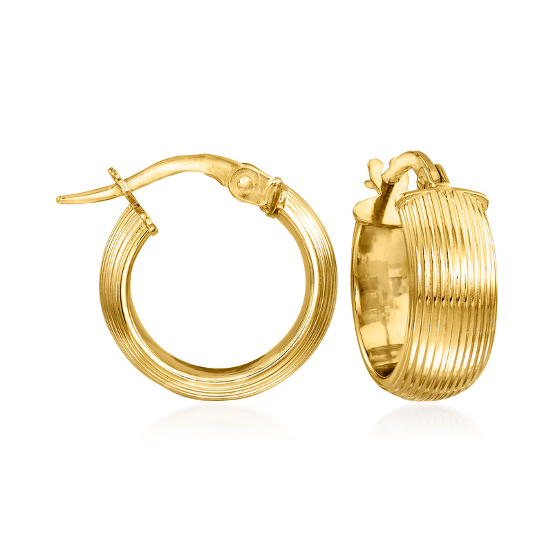14kt yellow gold huggie hoop earrings with ribbed texture, hinged clasp, pair