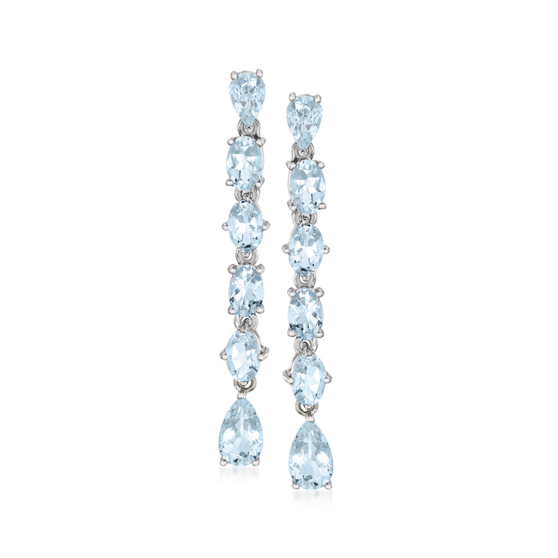 Sterling silver linear drop earrings with aquamarine gemstones in a vertical line