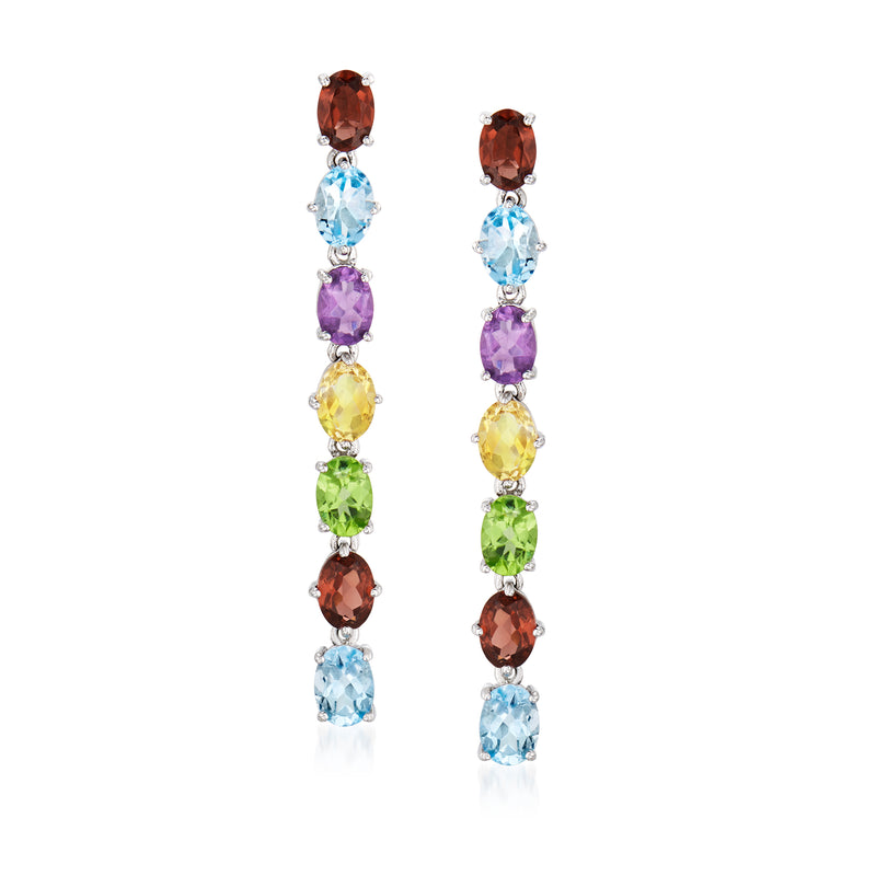 Sterling silver linear drop earrings with oval red, blue, purple, yellow, and green gems