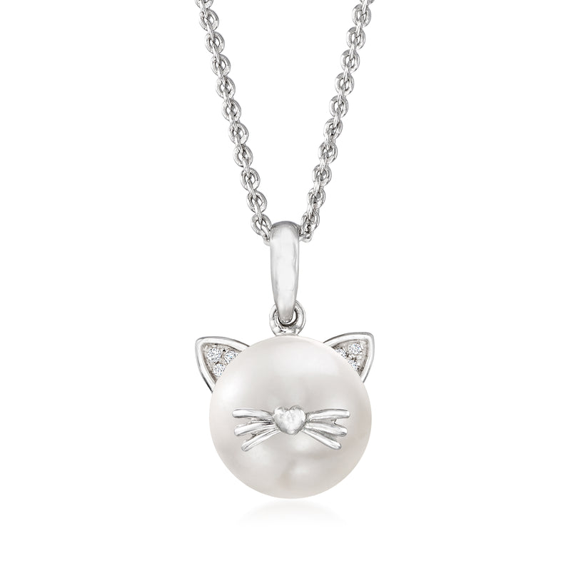 Sterling silver cat-shaped pearl pendant necklace with bow and diamond accents
