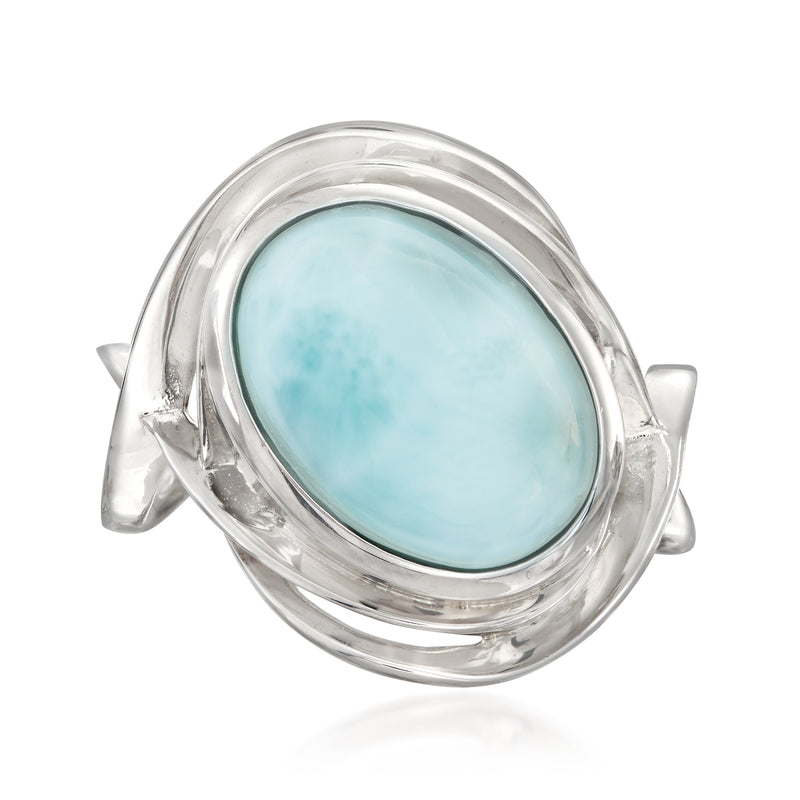 Sterling silver oval larimar cabochon ring with bezel and split swirl shoulders