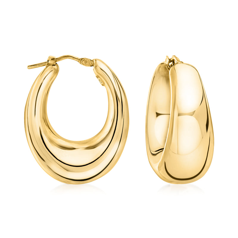 Gold graduated hoop earrings with double-row curved design and hinge closure.