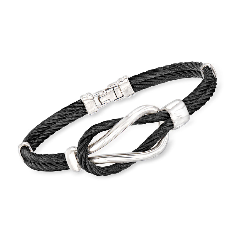 Men's black braided rope bracelet with silver stainless steel knot clasp