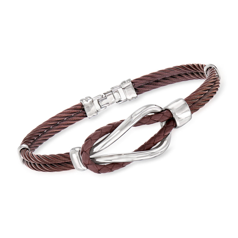 Men's brown braided leather cable knot bracelet with stainless steel clasp