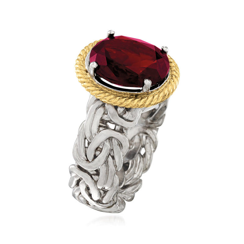 Oval garnet Byzantine ring in sterling silver with twisted 14kt yellow-gold rim