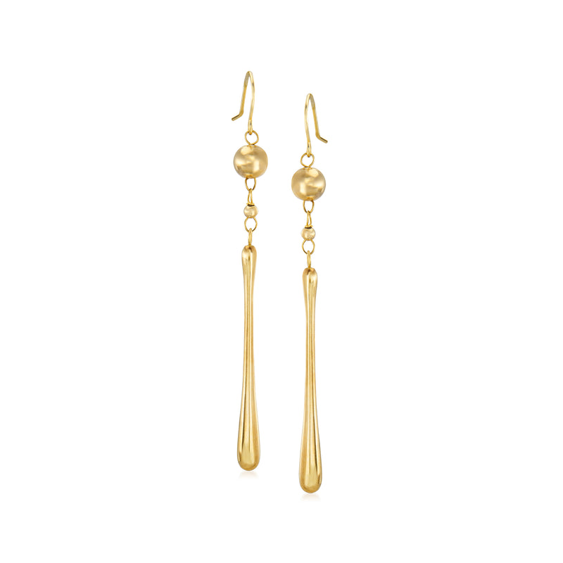 14kt yellow gold elongated drop earrings with ball and slim vertical drops, earwire