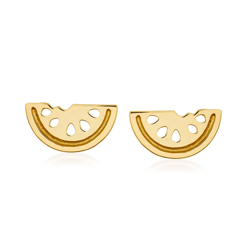 14kt yellow gold watermelon slice stud earrings with cutout rind and seeds