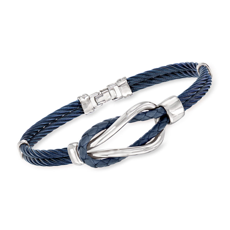 Men's blue leather cable knot bracelet with stainless steel clasp