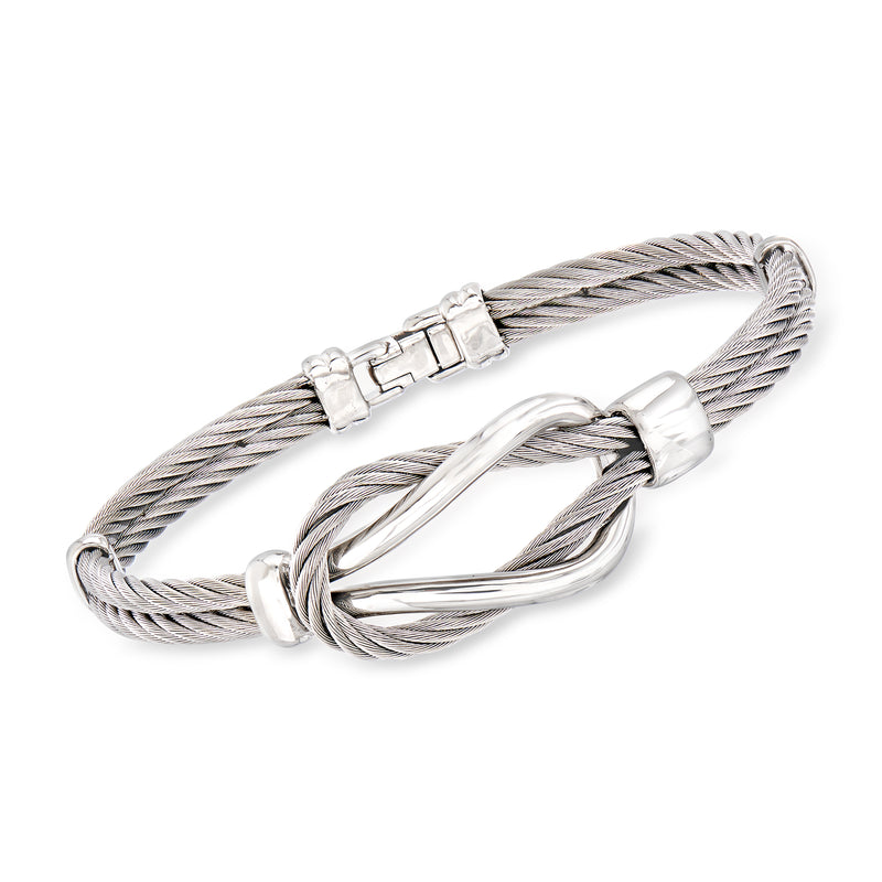 Men's gray stainless steel cable knot bracelet with clasp and braided links