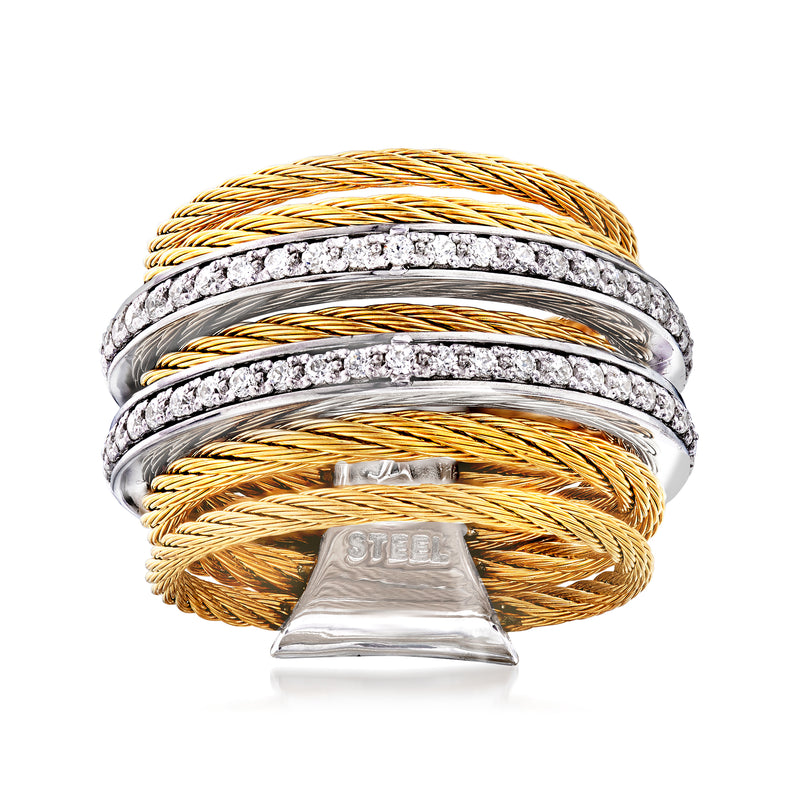 Gold-tone cable ring with silver-tone diamond band and 18kt white gold center