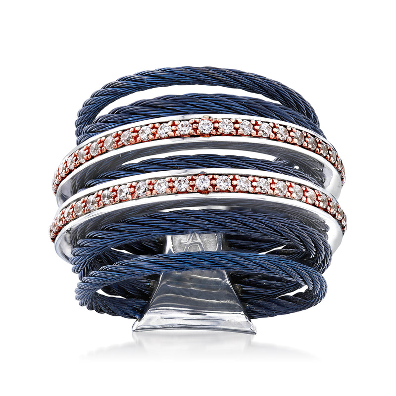 ALOR Classique blue stainless steel cable ring with rose gold and diamond accents