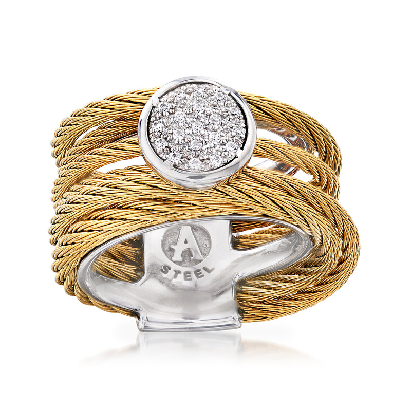 Round diamond halo cable ring in yellow gold and white gold with A STEEL engraving
