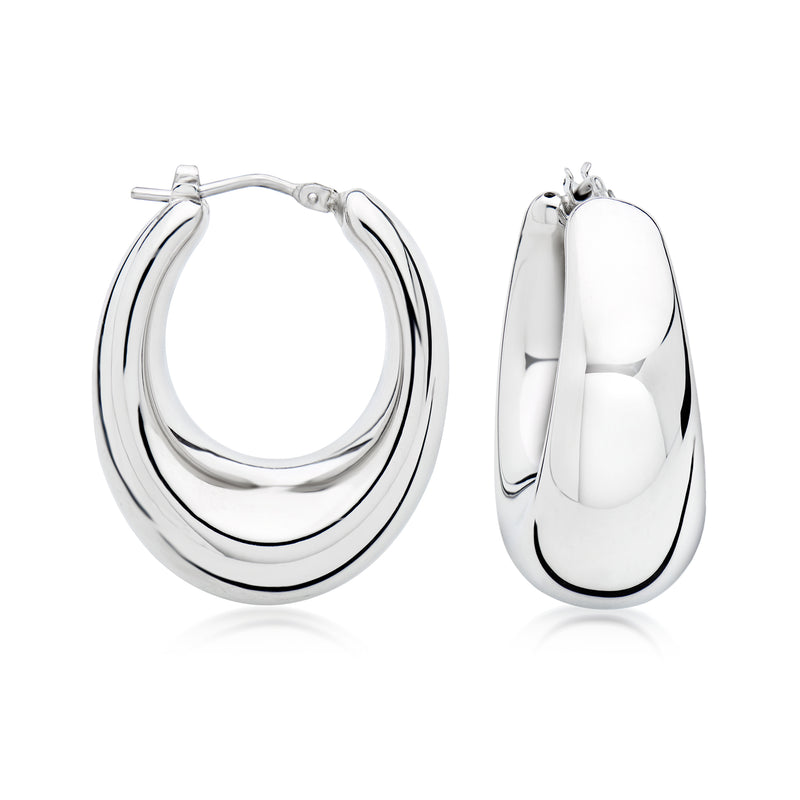 Graduated sterling silver hoop earrings with double-tier curved design