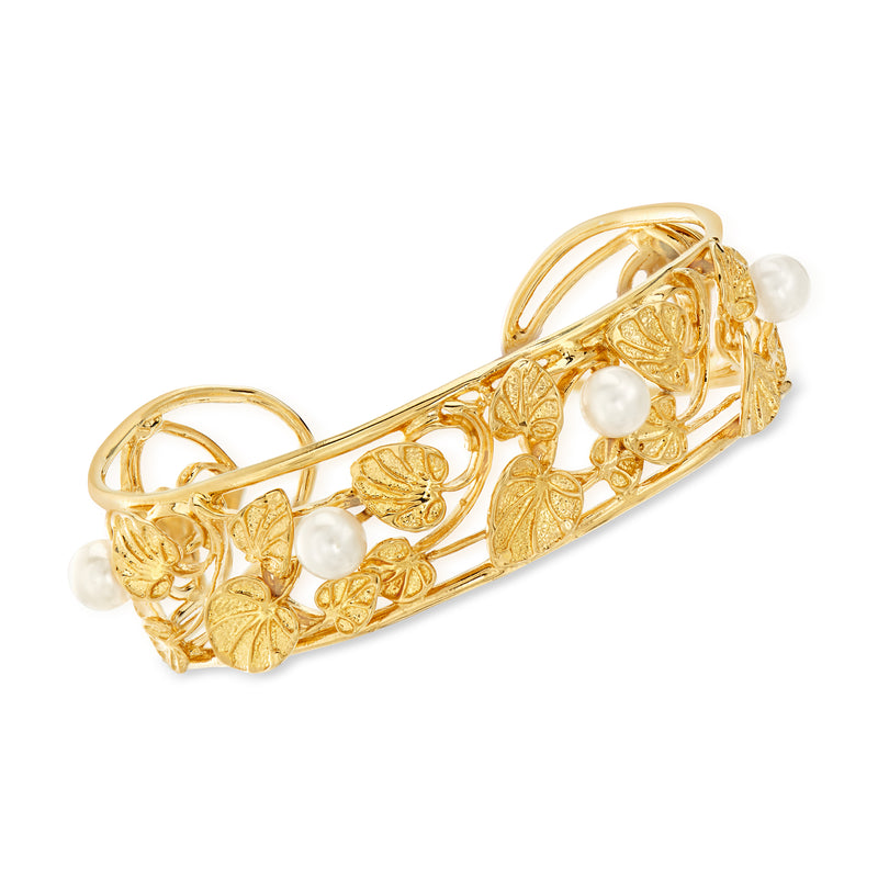 18kt gold over sterling cultured pearl cuff bracelet with floral filigree and white pearls