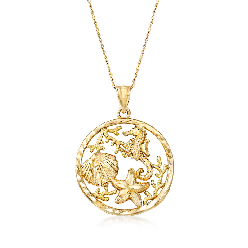 14kt yellow gold sea life pendant necklace, circular charm with seahorse and shell