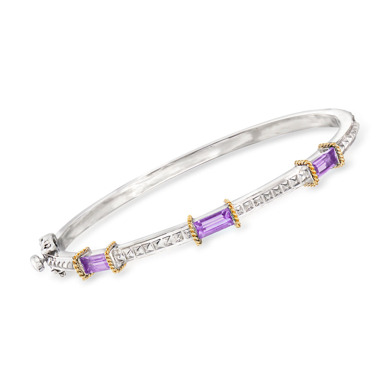Sterling and 18kt gold station bangle bracelet with purple amethyst baguette stones