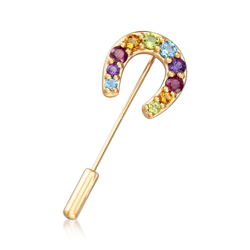 Gold horseshoe stick pin with multicolor gemstone accents and straight needle