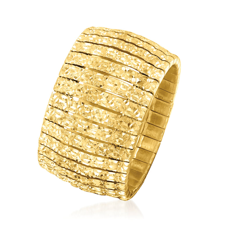Cleopatra ring, angled view of wide faceted ribbed band in yellow gold