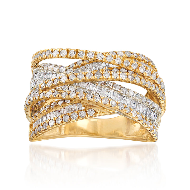 Two-tone 14kt gold diamond highway ring with three rows of round-cut stones