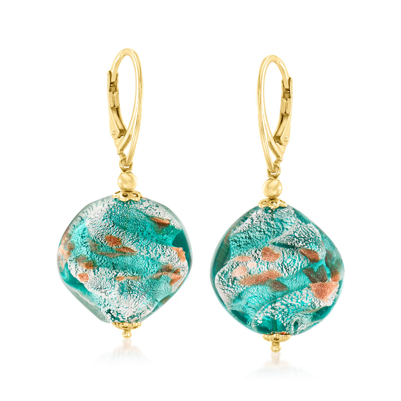 Turquoise multicolored Murano glass drop earrings with gold leverback closures.
