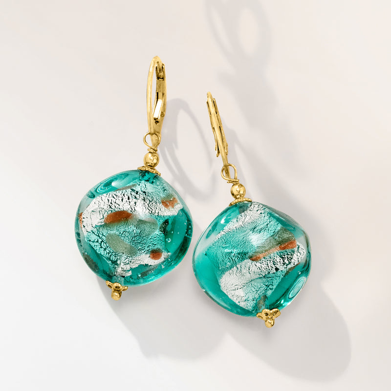 Turquoise multicolored Murano glass drop earrings with gold leverback hooks.