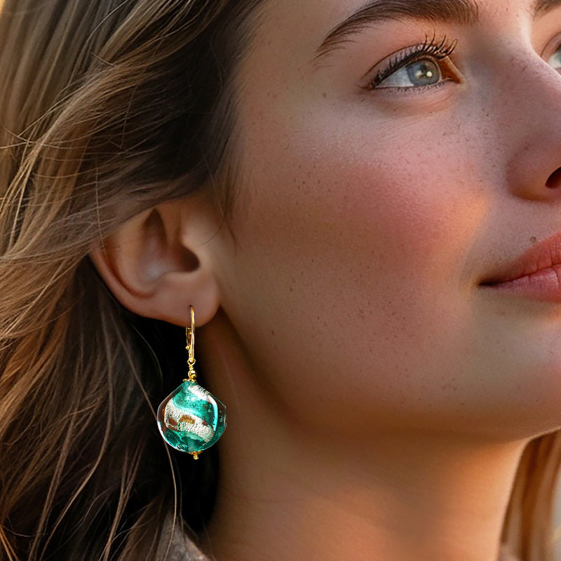 Turquoise multicolored Murano glass drop earrings with gold leverback closures.