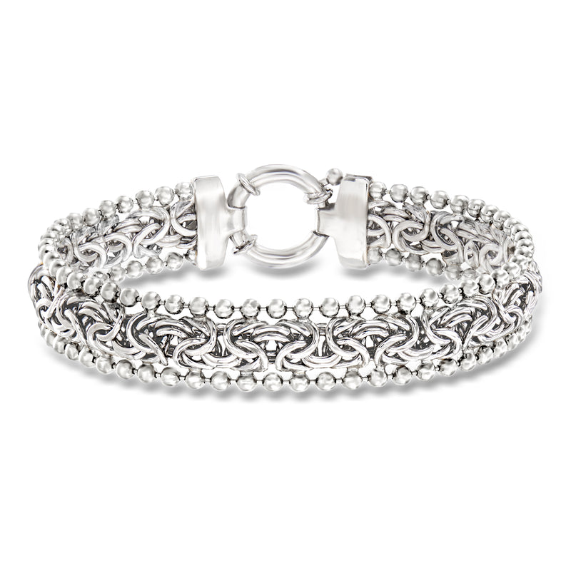 Sterling silver Byzantine chain bracelet with beaded edge and ring clasp