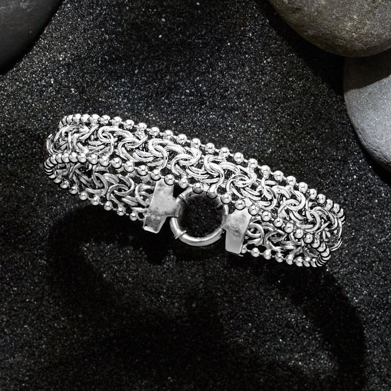 Sterling silver Byzantine beaded-edge bracelet, angled view with ring clasp
