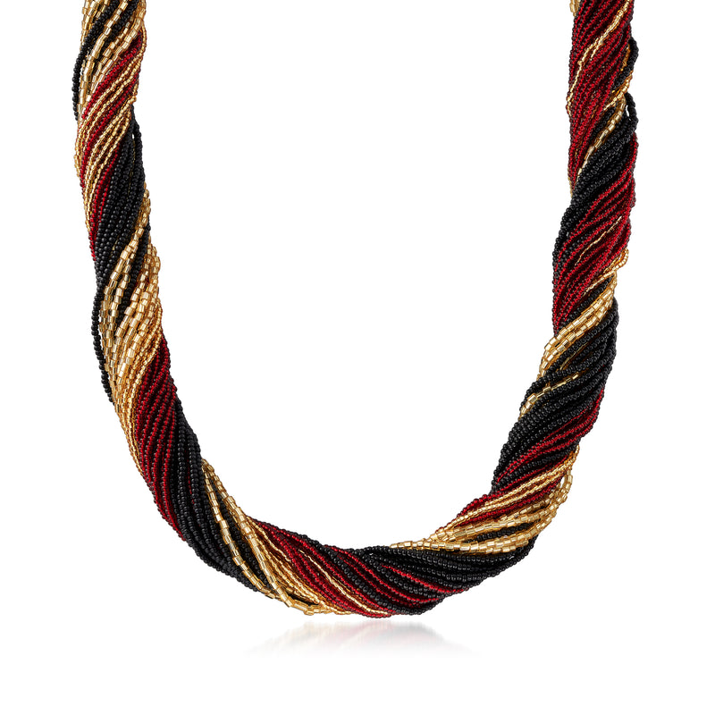 Torsade bead necklace with red, black and gold Murano glass beads
