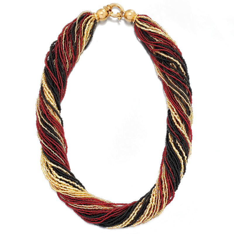 Torsade bead necklace with red, black and gold Murano glass beads and gold clasp
