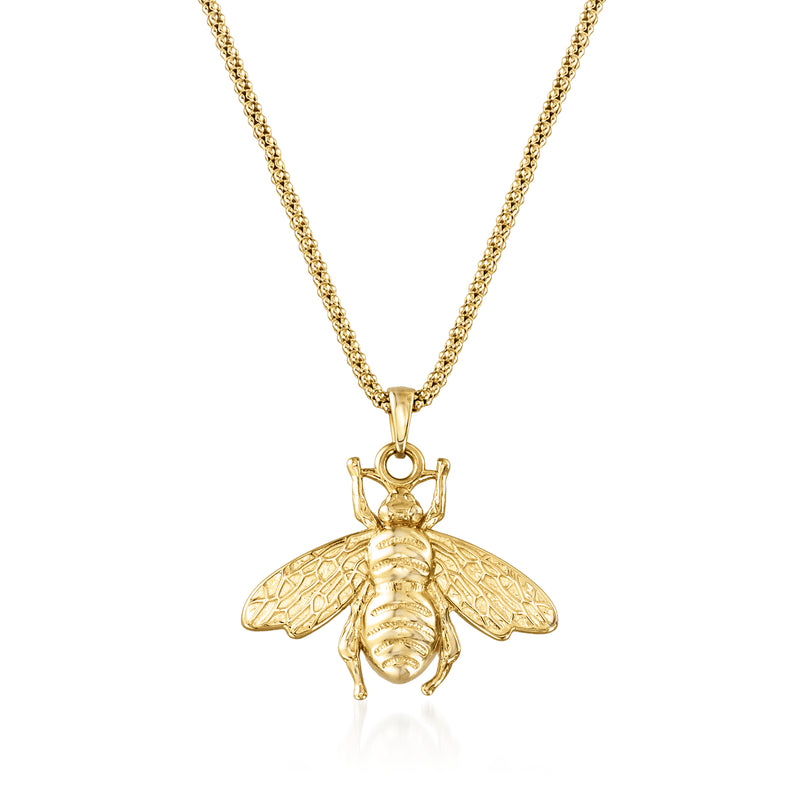 Gold bumblebee pendant necklace with loop and detailed wings, on a fine chain.