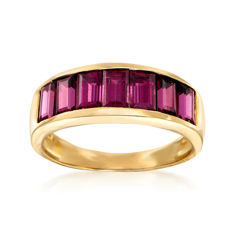 14kt yellow gold ring with pink-purple baguette rhodolite garnets