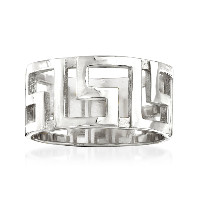 Sterling silver Greek key ring with wide band and geometric cutout pattern