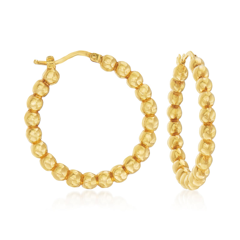 14kt yellow gold beaded hoop earrings, textured bead hoop