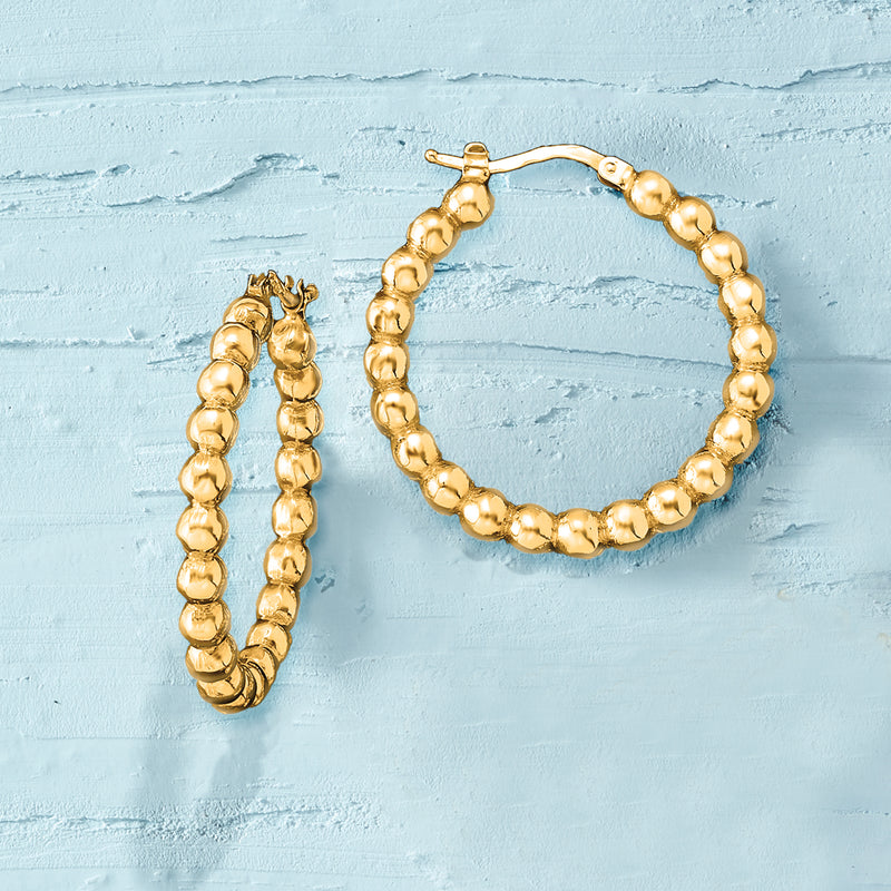 14kt yellow gold beaded hoop earrings, stacked beaded texture hoops