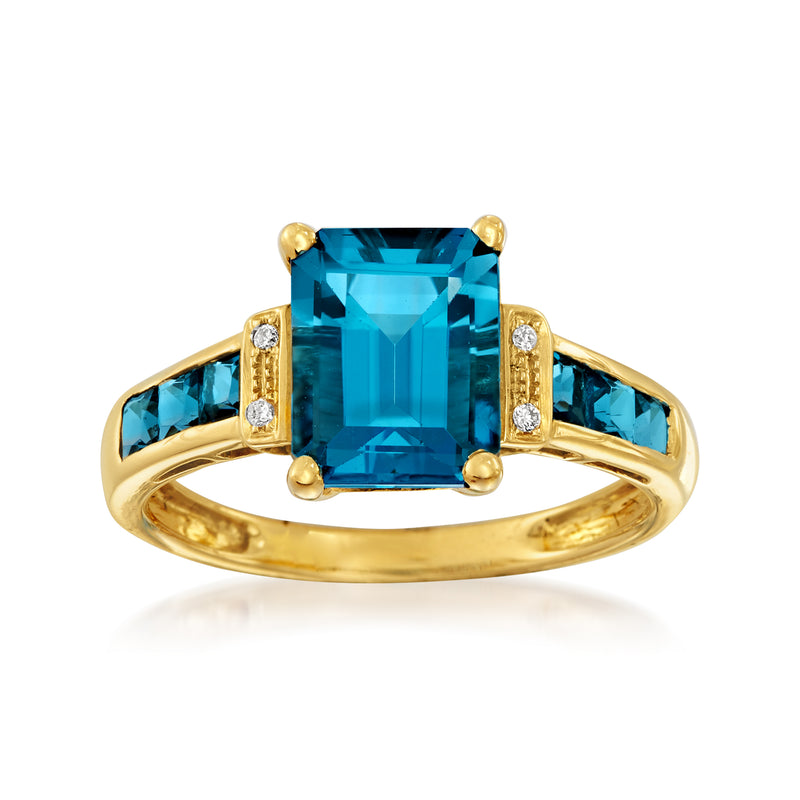 14kt yellow gold ring with London blue topaz square and two diamond side accents