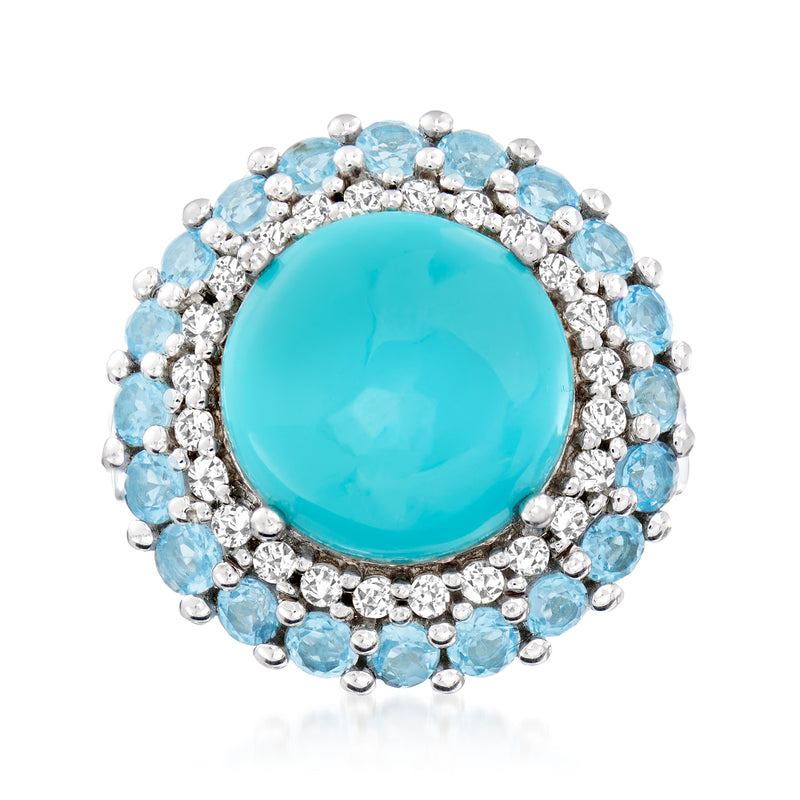 Sterling silver ring with oval turquoise Swiss blue topaz center, blue/white zircon halo