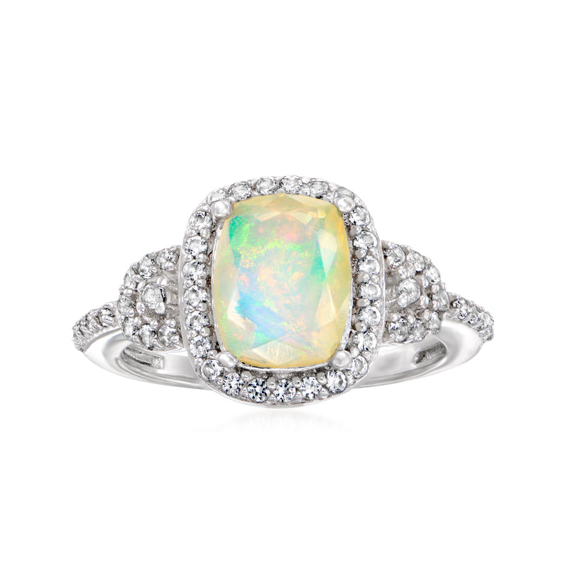 Sterling silver ring with square opal-like iridescent center and round stone halo