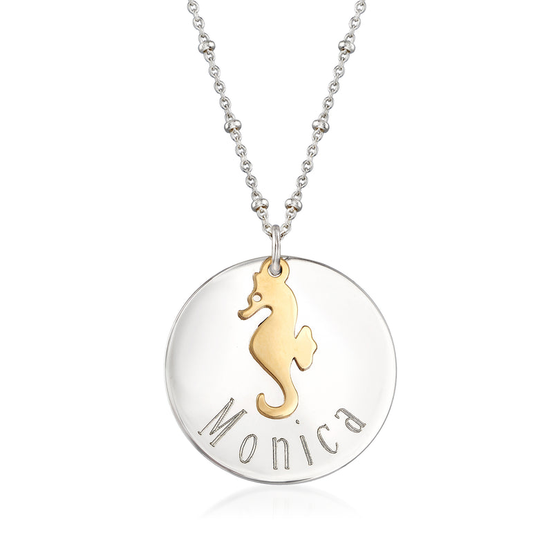 Sterling silver disc necklace with gold seahorse charm and engraved name 