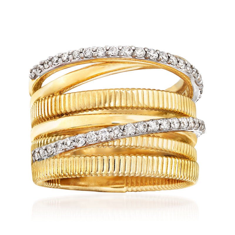 14kt yellow gold diamond highway ring with ribbed bands and diamond pave sides