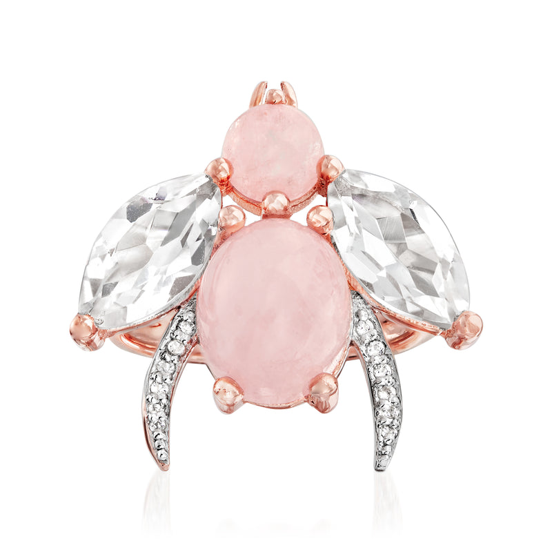 Morganite and rock crystal bug ring with white topaz accents in rose gold over sterling