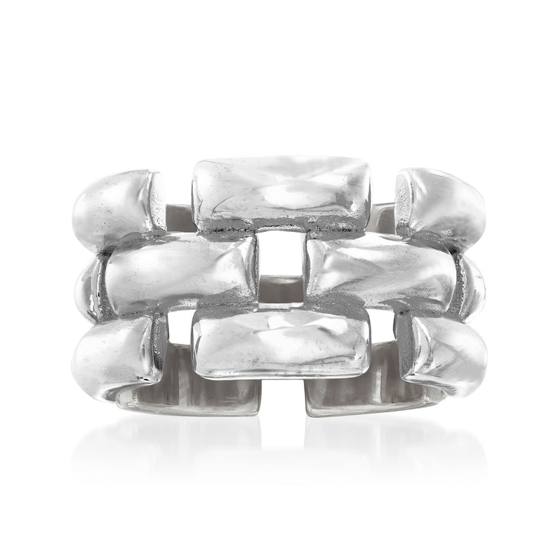 Sterling silver panther-link ring with polished rectangular and oval links, high shine
