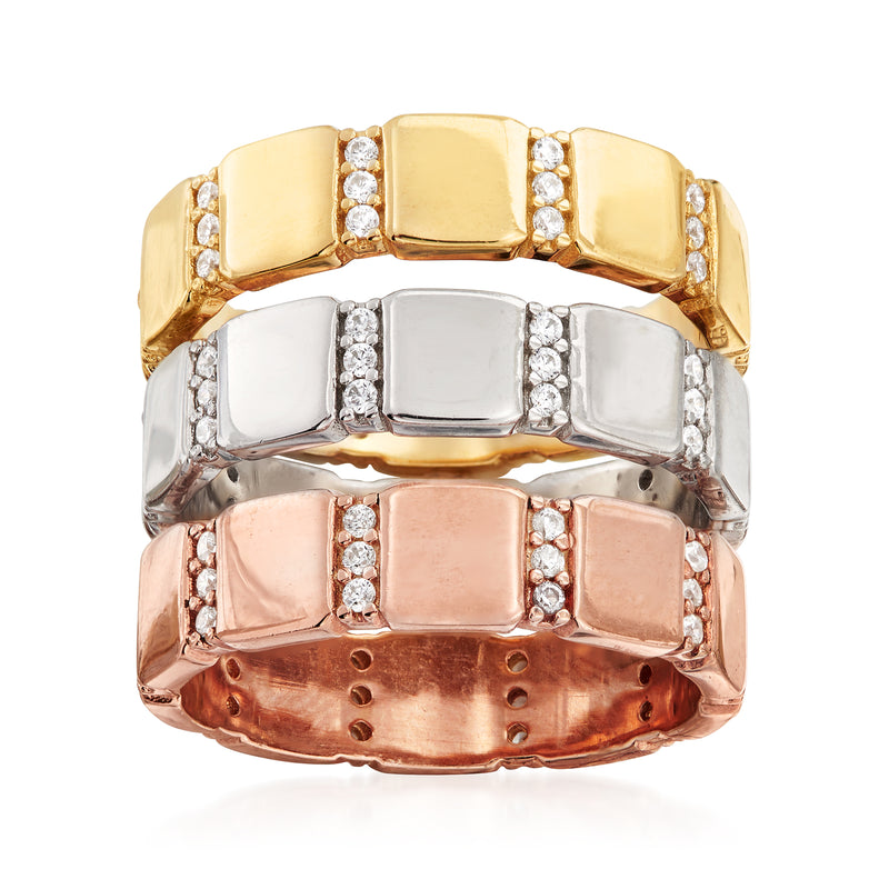 Tri-colored sterling silver CZ three-ring set with square bezel accents, gold, rose, silver