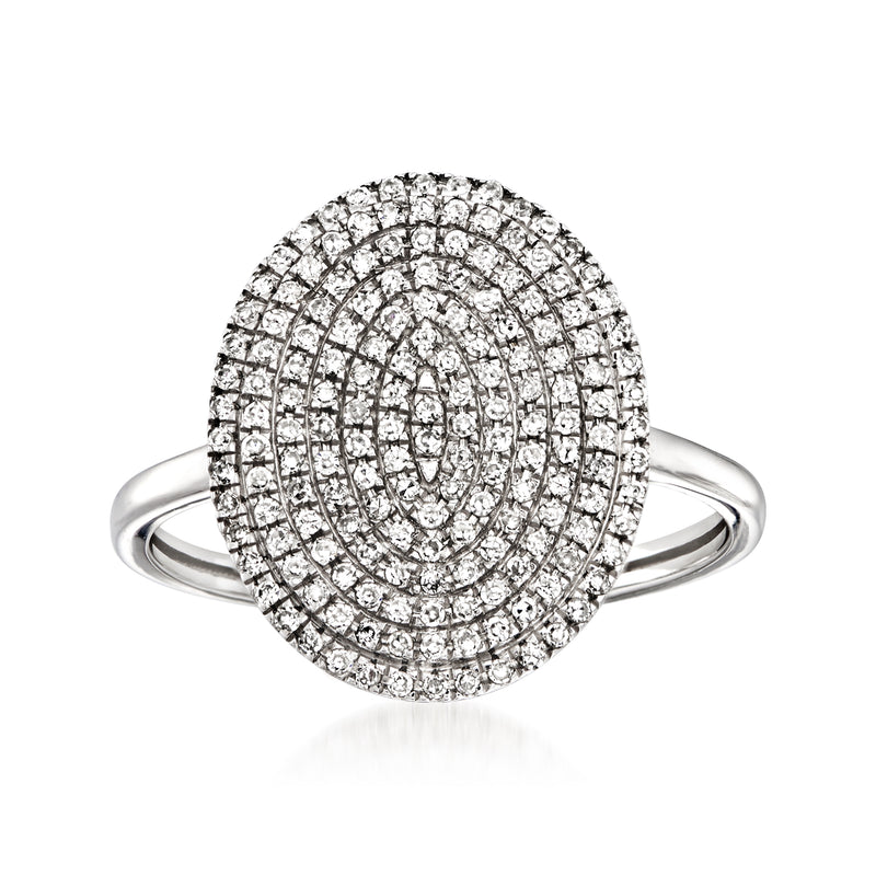 14kt white gold oval pave diamond ring with circular halo, round stones
