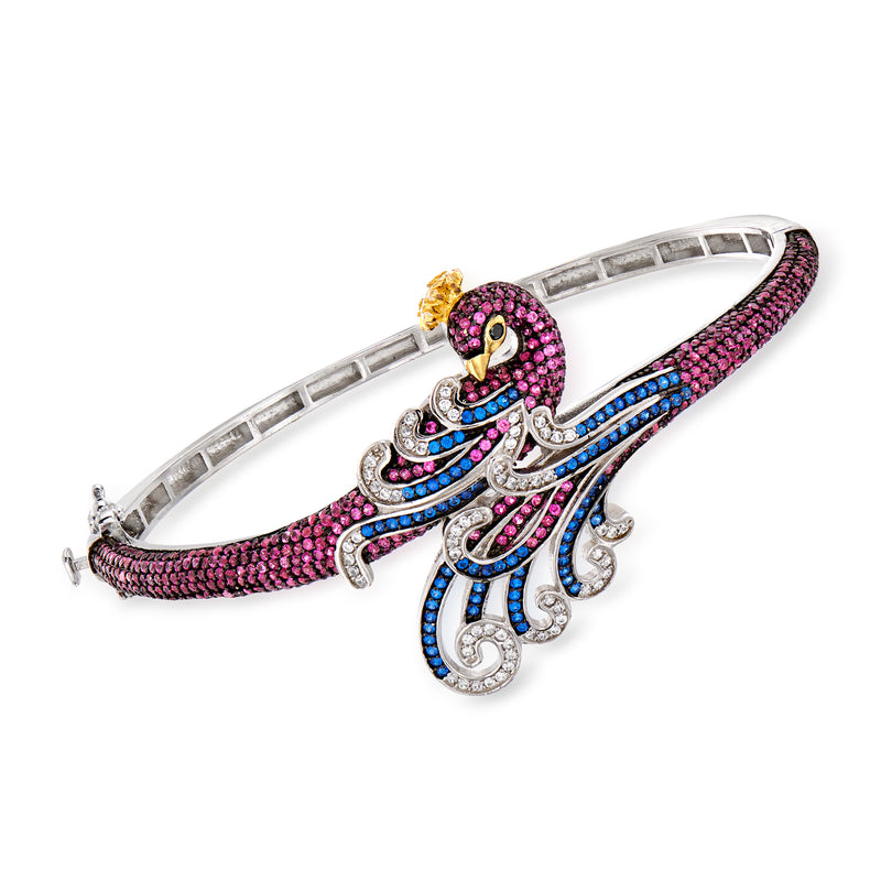 Sterling silver peacock bangle bracelet with purple and blue CZ-style stones